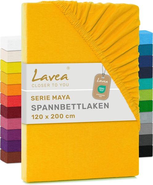 Lavea Spannbettlaken 120x200 cm - aus atmungsaktiver Baumwolle - Passgenau für Standardmatratzen bis 20cm - Goldgelbes Bettlaken mit Gummizug - Jersey Spannbetttuch 120x200 cm