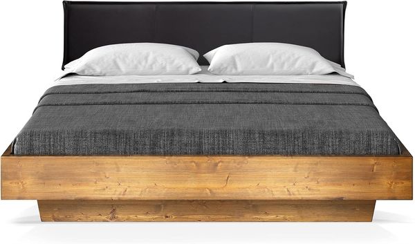 Möbel-Eins CURBY Wangenbett mit Polster-Kopfteil, Material Massivholz, rustikale Altholzoptik, Fichte gebürstet Vintage 120x200 cm Kunstleder Schwarz ohne Steppung Bild 2