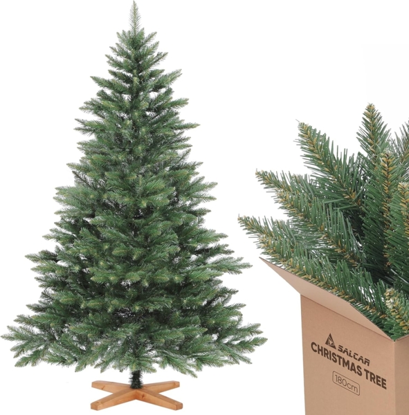 SALCAR 180cm Weihnachtsbaum Künstlich mit Holzständer, PVC Nadeln, Realistischer Christbaum, Hochwertige Dekoration für Innenräume, Einfacher Aufbau