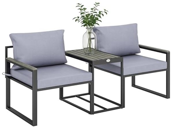 Outsunny Sitzgruppe mit Tisch, abnehmbar Sitz-& Rückenkissen, atmungsaktiv Bezug, (Garten Bistro Set, 3-tlg, Balkonmöbel Set), für Garten Terrasse Grau
