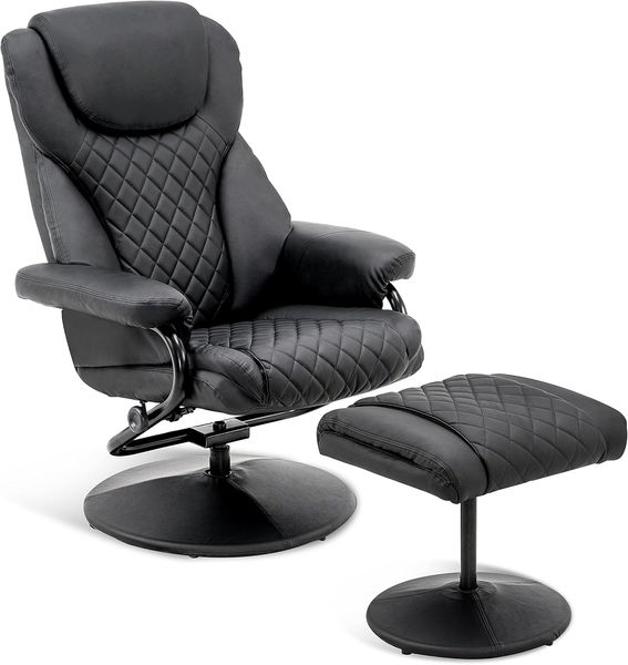 Mcombo Relaxsessel mit Hocker 9022, 360 Grad drehbarer mit Liegefunktion, Fernsehsessel, moderner TV-Sessel für Wohnzimmer, Kunstleder, Schwarz, 142 x 78 x 111 cm