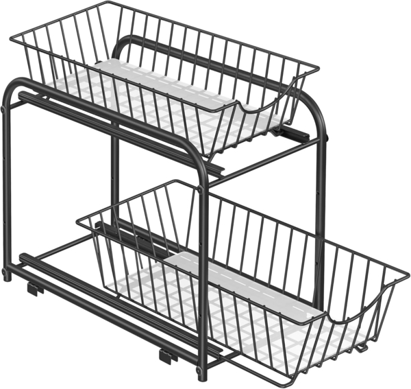 Küchen-Organizer, Küchenregal, Ordnungssystem, 2 Ebenen, stapelbar, erweiterbar, mit Metallkörben, für Küche, Badezimmer, Schwarz