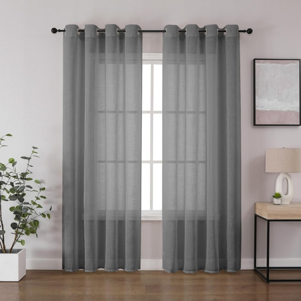 CUCRAF Leinenoptik Grau Voile Vorhänge mit Ösen Halbtransparent Gardine für Schlafzimmer Wohnzimmer H225 x B140cm 2er Set