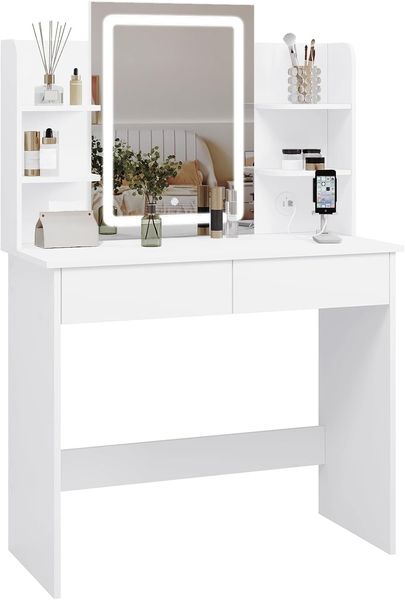 WOLTU Schminktisch mit LED-Beleuchtung, Einstellbarer Helligkeit, 2 USB-Ports, Frisiertisch Kosmetiktisch mit Spiegel, 2 Schubladen, 4 offene Ablagen, Make-up Tisch für Schlafzimmer, Weiß MB6112ws