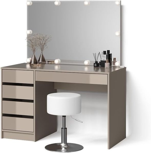 Livinity® Schminktisch Imola, Greige, mit LED Beleuchtung und Hocker
