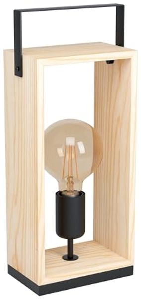 Eglo 43415 Tischleuchte FAMBOROUGH Stahl schwarz, Holz natur E27 1X40W L:16,5cm B:10cm H:40cm mit Kabelschalter