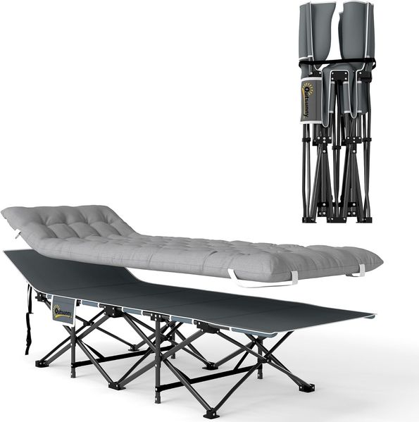 Outsunny Feldbett mit Matratze, Kopfkissen, Seitentasche (Gästebett bis 150 kg, 1-St, faltbar Campingbett) 190 x 65 x 37 cm, für Outdoor, Garten Camping Reisen Hellgrau