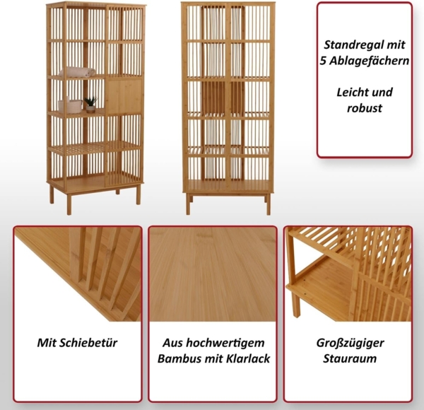 Mendler 'HWC-N81' Badregal mit 3 Regalböden und Schiebetür, Bambus natur, 80 x 45 x 186 cm Bild 3