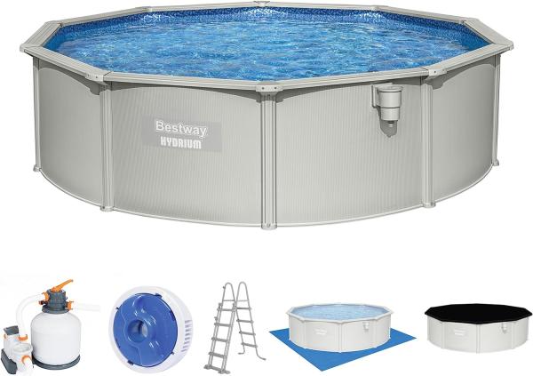 Bestway 'Hydrium™ Ø 460 x 120 cm' Stahlwandpool Komplettset mit Sandfilteranlage, Anschlüssen, Leiter, Abdeckplane, Bodenplane, Chemikaliendosierer