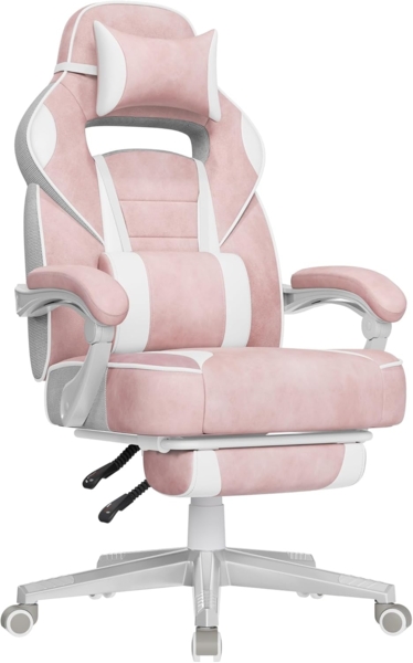 Songmics Bürostuhl, Schreibtischstuhl, ausziehbare Fußstütze, Kopfkissen, Lendenkissen, höhenverstellbar, ergonomisch, neigbare Rückenlehne, bis 150 kg belastbar, pastellrosa-cremeweiß
