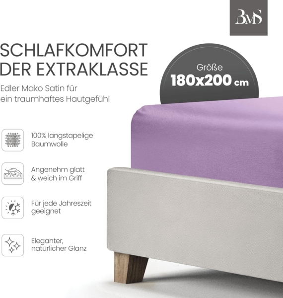 Bettwaesche-mit-Stil Mako-Satin Spannbettlaken flieder rosa 180x200cm Höhe 5-10cm Bild 2