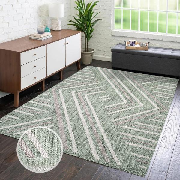 carpet city Teppich Kurzflor Wohnzimmer - Grün - 200x290 cm - Teppiche Fransen Boho-Style - Geo-Muster - Schlafzimmer, Esszimmer