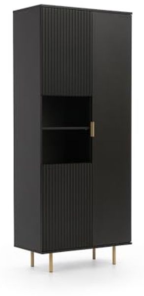 Lomadox Vitrine NADOR-132 in matt schwarz, goldfarbene Metallgriffe und -füße
