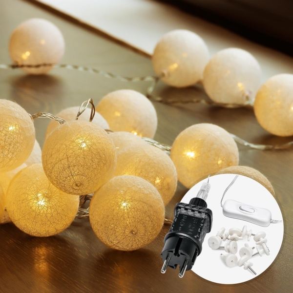 COZY HOME LED-Lichterkette Cotton Balls - Strombetrieben, 20 LED I 6m I Warmweiße LED-Cotton Ball I Hausbett Bunt Deko