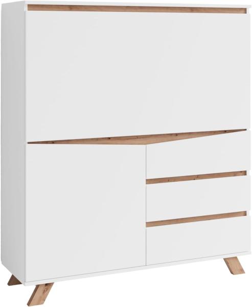 byLIVING Sekretär VALENTIN / Sekretär matt weiß mit Absetzung in Eiche-Optik / Office-Schrank mit 1 Tür und 3 Schubkästen / Scandi-Style / Grifflos / B 120, H 127, T 38 cm