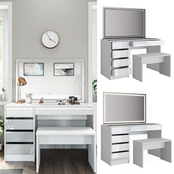 Schminktisch Sherry Weiß 120 cm mit LED-Spiegel und Bank Vicco Bild 2