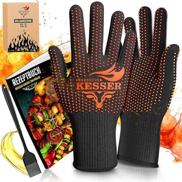 KESSER® Grillhandschuhe hitzebeständig bis 500° | Ofenhandschuhe Atmungsaktiv & mit rutschfestem Griff | Topfhandschuhe aus Aramid-Gewebe | Kamin-Handschuh Maschinenwaschbar Schwarz / Orange, XS-S