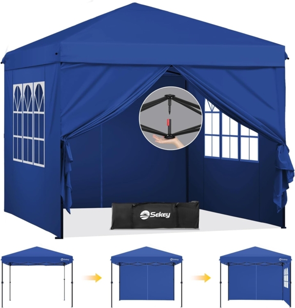 Sekey Premium Pop Up Pavillon 3x3 Wasserdicht Stabil, 3x3 m Pavillon mit Seitenwänden, Faltpavillon Partyzelt Faltbar für Camping Party, Höhe Verstellbar 250-270cm, (Navy, Mit Seitenwänden)