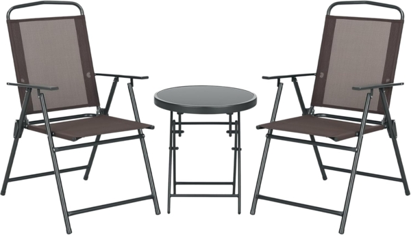 Outsunny Balkonset 3-teilig, aus Metall, mit klappbar Glastisch, Gartenstühlen, (Bistro-Set, 3-tlg, Wetterfest Gartenmöbel Set), Gartengarnitur, Braun