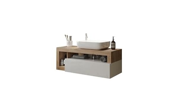 Robas Lund Hamburg Waschtisch, Modern, Badezimmer, 110 x 61 x 49 cm, Weiß Hochglanz/Eiche Cadiz, Melamin-Holzwerkstoff, Keramik-Waschbecken, Hängend