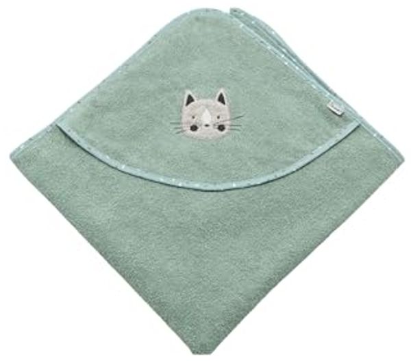 Sterntaler Kapuzenbadetuch 80x80 cm Katze Lilly - Badetuch mit Applikation - Babyhandtuch mit Kapuze aus saugfähiger Baumwolle, steingrün