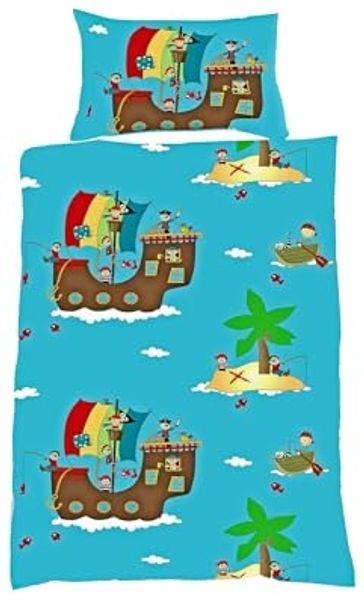 JACK Babybettwäsche 100x135cm Piratenschiff Pirat Schatz Fleuresse, Biber, 2 teilig, Babybettwäsche für kleine Piraten und Abenteurer