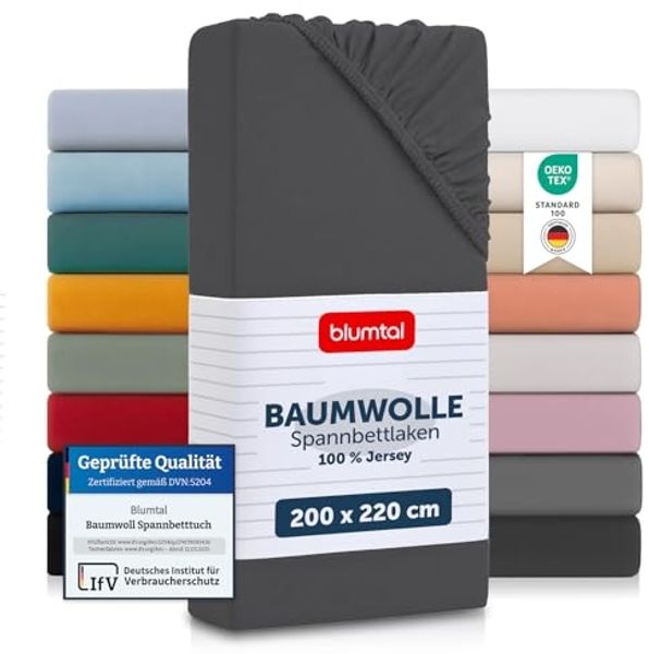 Blumtal® Spannbettlaken 200x220 cm Basics Jersey - Bettbezug 200x220 cm aus 100% Baumwolle - Oeko-TEX zertifiziertes Spannbetttuch 200x220 cm - Matratzenbezug 200x220 cm - Leintuch 200x220 cm - Anthrazit