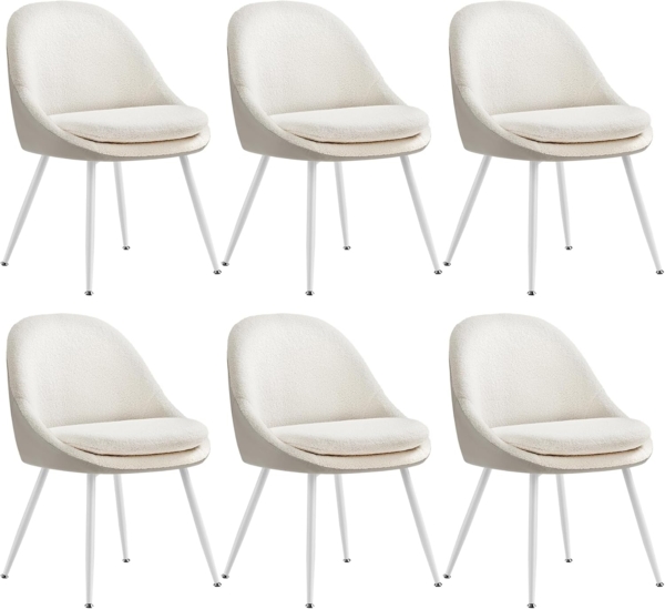 VASAGLE Esszimmerstuhl 6er Set, Küchenstuhl, bis 120 kg belastbar, Kissen mit 5,5 cm dickem Schaumstoff gepolstert, nach außen stehende Beine, für Büro Wohnzimmer, cremeweiß-wolkenweiß KDCDE184W16