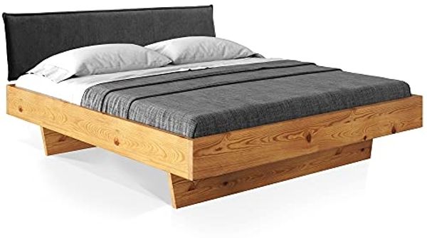 Möbel-Eins CURBY Wangenbett mit Polster-Kopfteil, Material Massivholz, rustikale Altholzoptik, Fichte gebürstet Natur 160x200 cm Stoff Anthrazit ohne Steppung