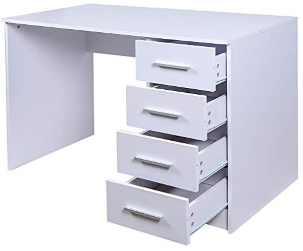 BAKAJI Schreibtisch mit Kommode 4 Schubladen Tisch PC Computer Holz Weiß, Verbundholz Metall, Standard