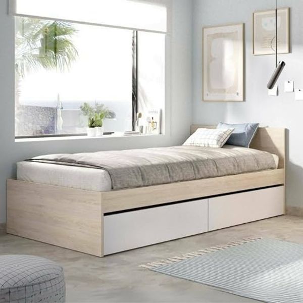 Dmora - Einzelbett Castellino, Struktur des Lagerbetts, Sommier mit Abdeckung, Bettrahmen aus Stoff, 96x195 h67 cm, Weiß und Eiche