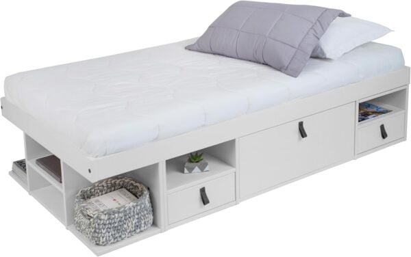 Funktionsbett Bali 90x190 Weiss - Schrankbett mit viel Stauraum u. Schubladen, optimal für kleine Schlafzimmer - Bett mit Aufbewahrung aus MDF Weiss lackiert, Schubladenbett inkl. Lattenrost…