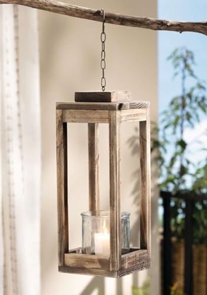Laterne "Shabby-Chic" aus recyceltem Holz, 43 cm hoch, mit Windlicht Glas, Holzlaterne, Outdoor Gartenlaterne, Hängelaterne