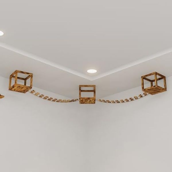 QLS Katzen-Kletterwand Deckenmontage Geflammt mit 2 Brücken und 3 Liegen, aus Kiefernholz für Spaß und Entspannung 5-tlg. Bild 4