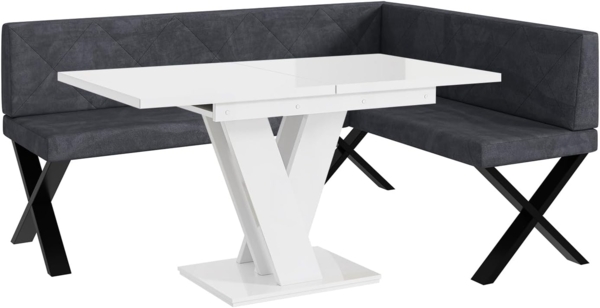 MEBLINI Eckbank für Esszimmer mit ausziehbarem Tisch - Küchenbank - Essecke - Sitzecke Küche - ERIC - X-Beine 128x168x87cm Rechts - Dunkelgrau Samt/M Weiß Hochgl.