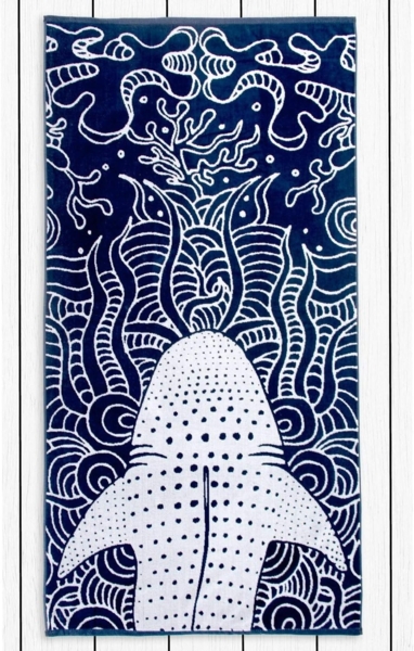 DecoKing Strandtuch groß 90x180 cm Baumwolle Frottee Velours Badetuch dunkelblau Marineblau blau weiß Haifisch Shark