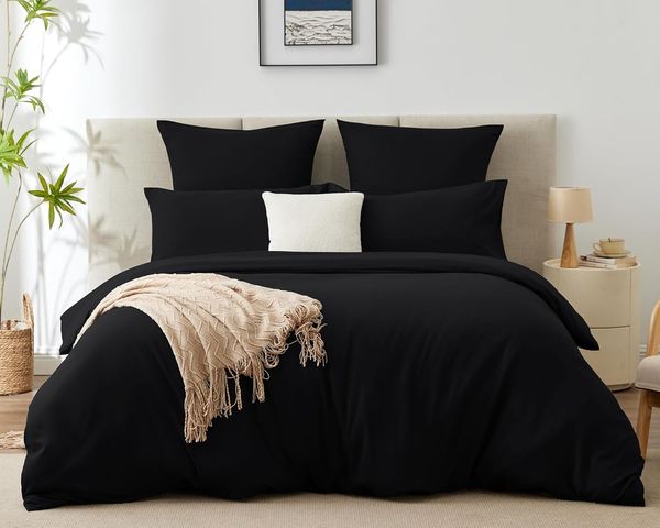 WAVVE Bettwäsche 220x240 3 teilig Schwarz - Bettbezug 220x240 Set mit Kissenbezüge 65x65 cm, Bettwäsche-Sets 240x220 aus Mikrofaser mit Reißverschluss Weich und Bügelfrei