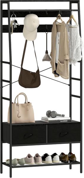 HOMCOM Garderobenständer mit Schuhregal, 2 Schubladen, 8 Haken, Ablage, (Kleiderständer, 1 St, Garderobe), für Eingangsbereich, Flur, Schlafzimmer, Schwarz