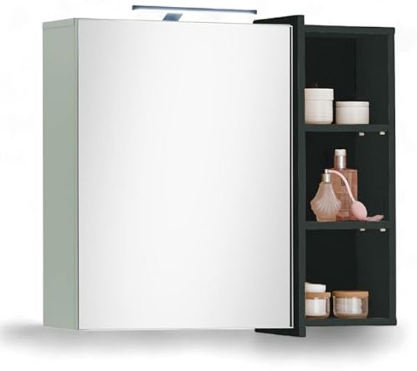 PALERMO Spiegelschrank Bad mit LED-Beleuchtung in Schilfgrün, Schwarz - Badezimmerspiegel Schrank mit viel Stauraum - 80 x 72 x 22 cm (B/H/T)