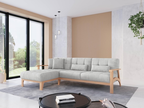 Cavadore Ecksofa Billan / Eckcouch im skandinavischen Design mit Longchair und massivem Holzgestell in Buche / 264 x 88 x 183 / Mehrfarbiger Strukturstoff, Hellgrau Bild 2