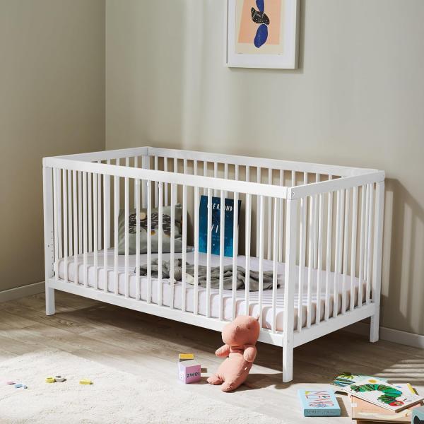 Babybett Kinderbett Gitterbett 60x120 höhenverstellbar & herausnehmbare Sprossen, | Buchenholz weiss sehr stabil Made in Europe