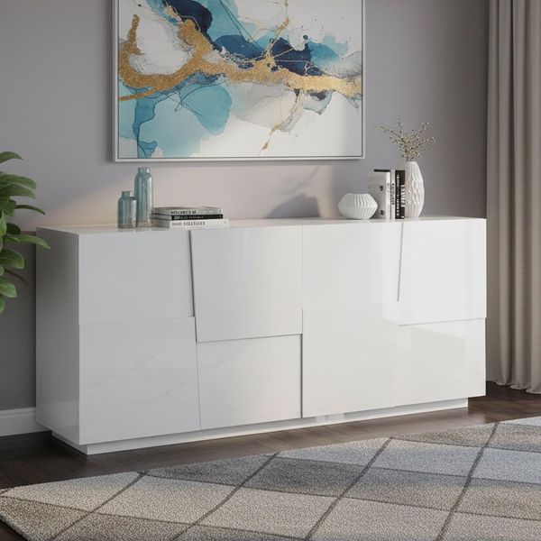 Dmora - Kommode Yago, Wohnzimmer-Buffet, modernes Wohnzimmer-Kommode mit 4 Türen, 200 x 44 x 86 cm, glänzendes Weiß