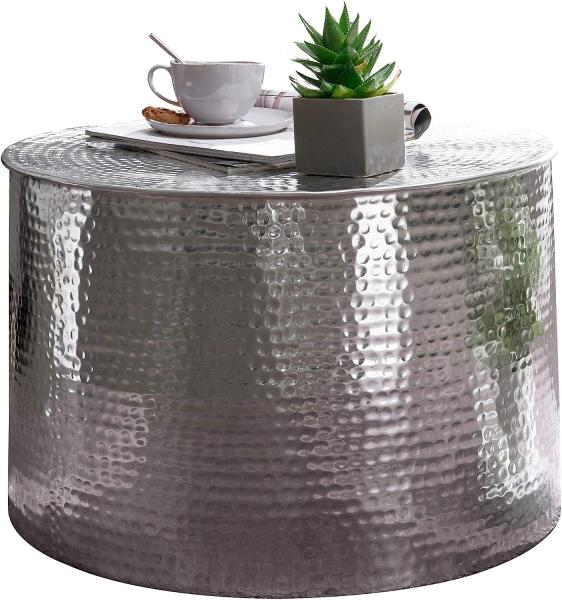 Wohnling Couchtisch RAHIM 61 x 40,5 x 61 cm Aluminium Beistelltisch orientalisch rund, Silber