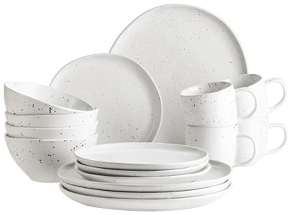 Semi-matt glänzendes Vintage Geschirr-Set für 4 Personen, 16-teiliges Kombiset mit weißer Glasur und dunkelgrauen Sprenkeln, Steinzeug