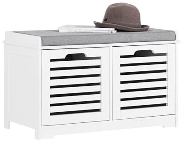 SoBuy FSR23-K-W Moderne Schuhtruhe Sitzkommode mit 2 Körben Sitzbank Schuhschrank mit Sitzkissen Spieltruhe
