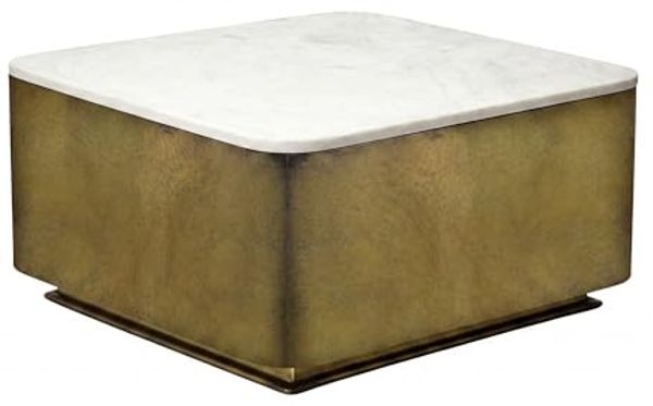 FINEBUY Couchtisch FB116592 Sofatisch Marmor Wohnzimmertisch 60cm Beistelltisch Handmade (Quadratischer Kubus in antiker Goldoptik), Massive Tischplatte aus edlem weißem Marmor