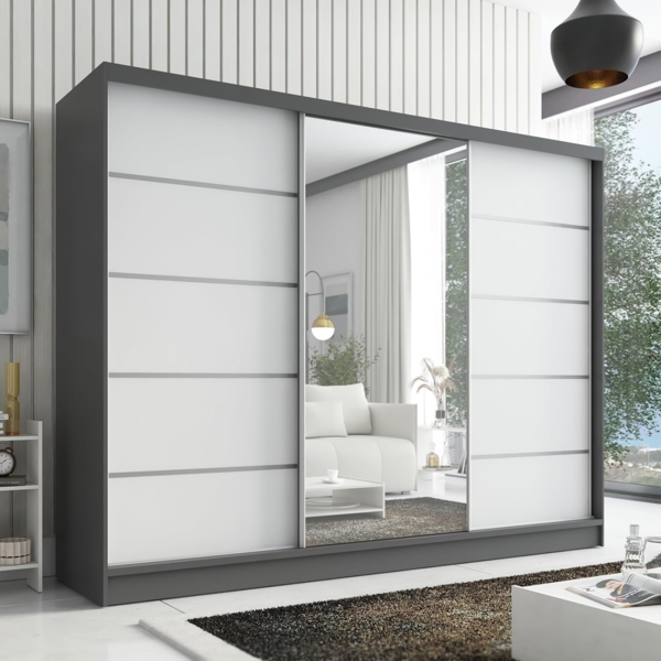 Schwebetürenschrank AVIRA 1 3-türig Schrank 200 cm (mit Spiegel) Farbe: Graphit , Weiß