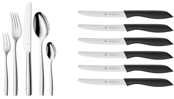 WMF Palma Besteck Set 12 Personen, Essbesteck 60 teilig Monobloc-Messer & Classic Line Frühstücksmesser Set 6-teilig 23 cm, Brötchenmesser Wellenschliff, Brotzeitmesser, schwarz