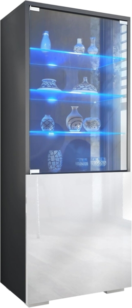 Vladon Standvitrine Granada (Vitrinenschrank, mit Glastür und Glaseinsatz inkl. LED) Anthrazit matt/Weiß Hochglanz (50 x 122,5 x 34,5 cm)