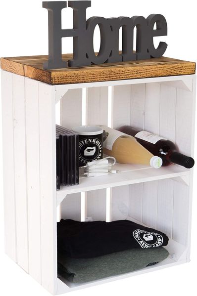 2er Set Nachttisch Abstelltisch Nachtschrank Nachtkommode Beistelltisch Bücherregal Schuhregal ca 30 x 40 x 55 cm Regalkiste Flaschenablage Weinregal Apfelkiste/Weinkiste (Weiss QUER Planke FLAM)